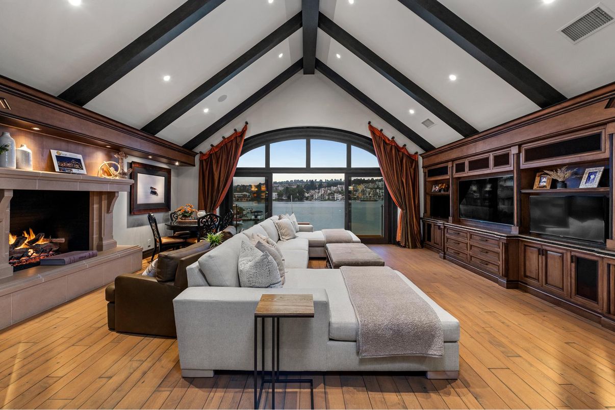 Dining room, Fireplace, Interior, Living room, Recessed Lighting, Wooden Beams, Wood Texture Flooring