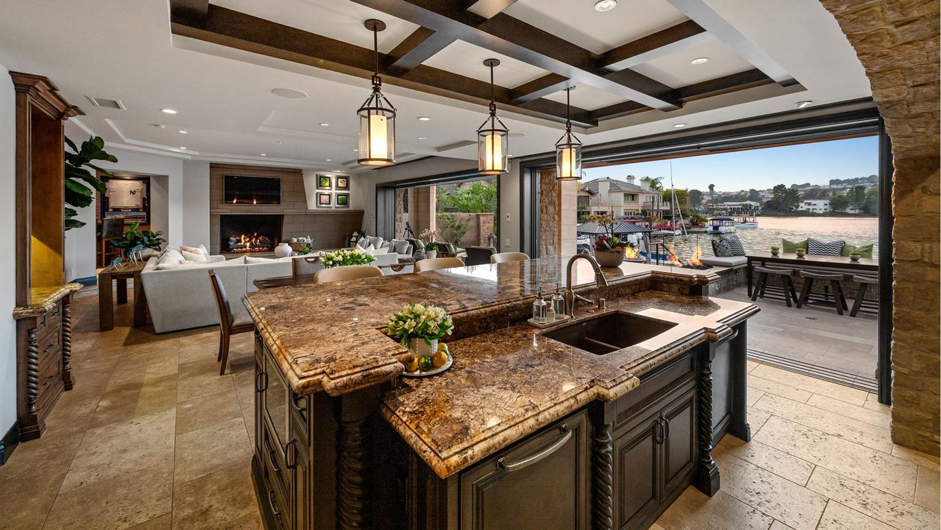 Dining room, Fireplace, Interior, Kitchen, Living room, Pendant Lights, Recessed Lighting, Wooden Beams