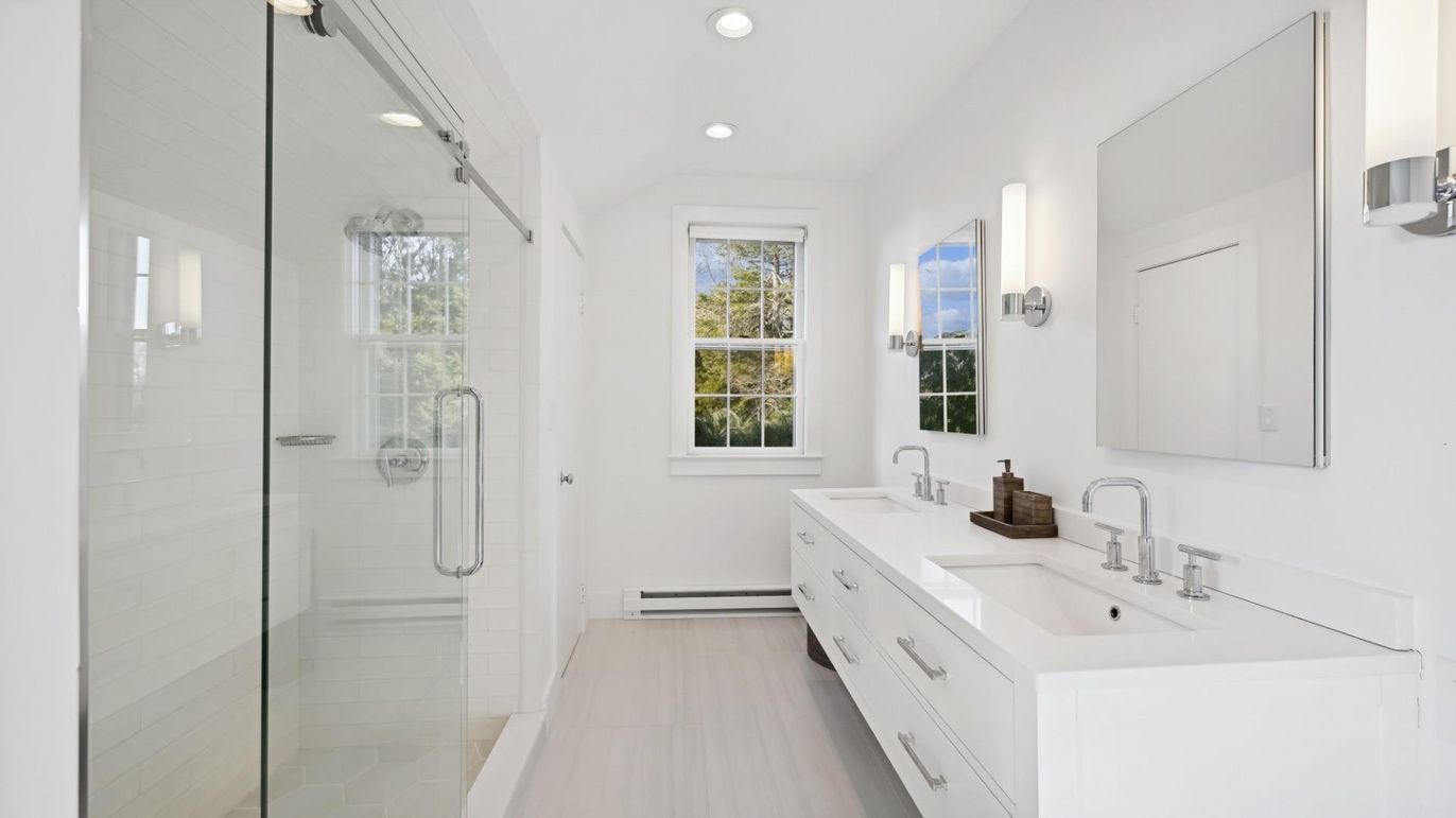 Bathroom, Dual Sink Vanities, Glass Shower, Interior, Recessed Lighting, Wood Texture Flooring