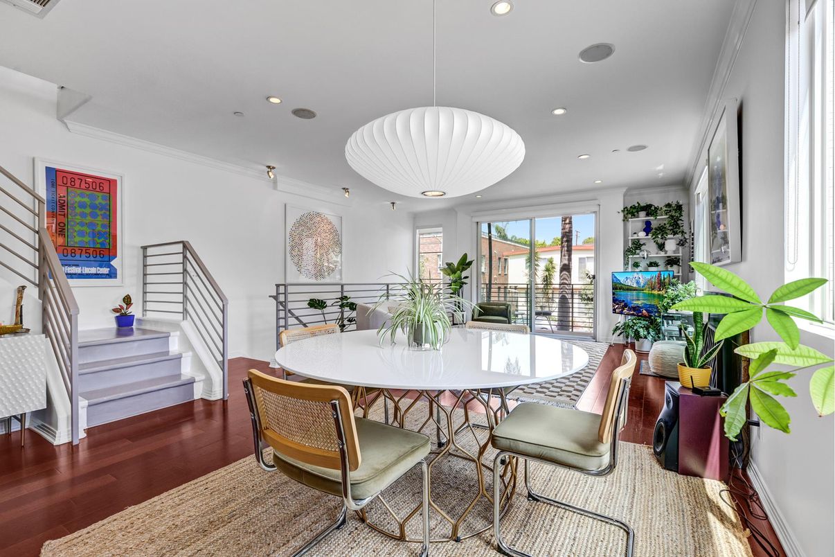 Dining room, Interior, Pendant Lights, Recessed Lighting, Wood Texture Flooring