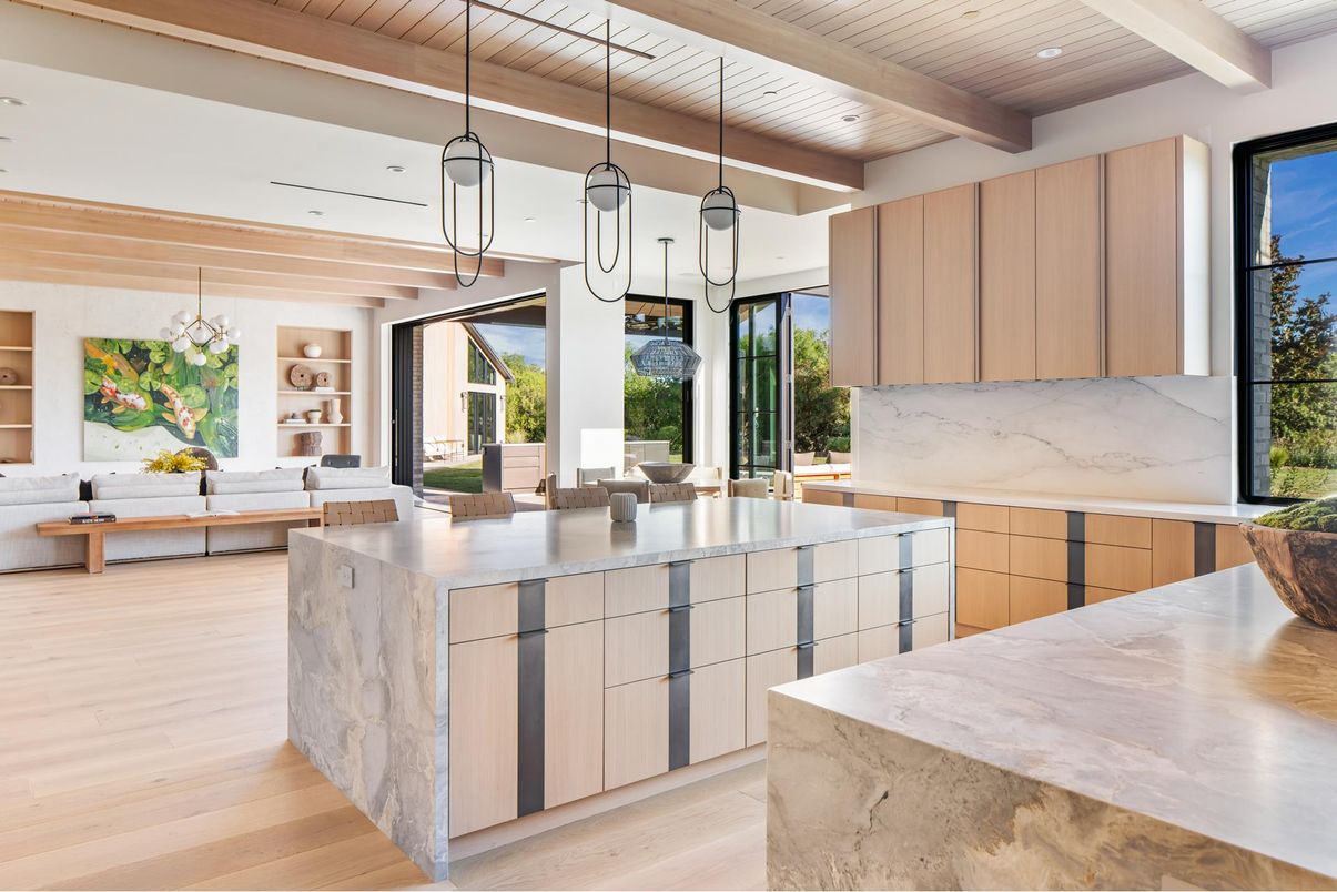 Interior, Kitchen, Living room, Marble Walls, Pendant Lights, Recessed Lighting, Wooden Beams, Wooden Ceilings, Wood Texture Flooring