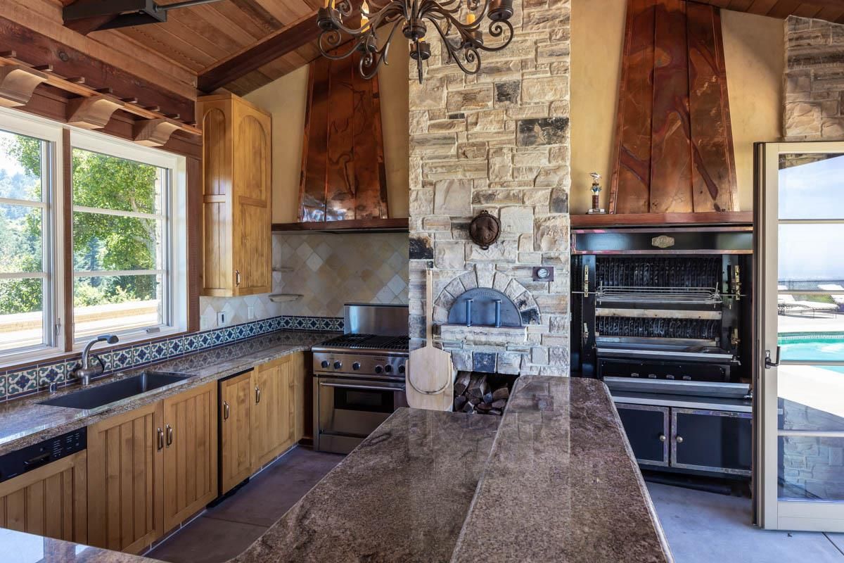 Fireplace, Interior, Kitchen, Stainless Steel Appliances, Stone Walls, Wooden Beams, Wooden Ceilings
