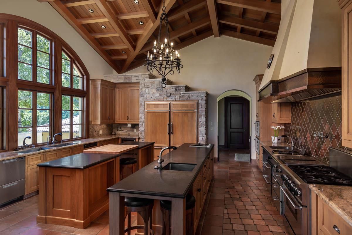 Chandelier, Interior, Kitchen, Recessed Lighting, Stainless Steel Appliances, Wooden Beams, Wooden Ceilings