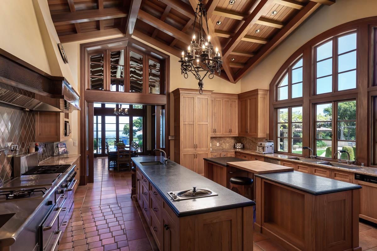 Chandelier, Interior, Kitchen, Recessed Lighting, Stainless Steel Appliances, Wooden Beams, Wooden Ceilings