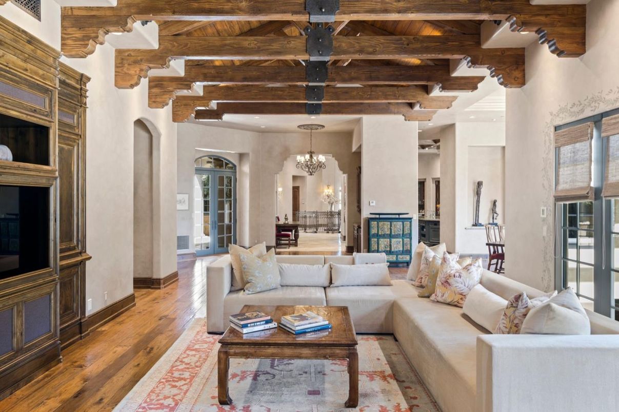 Chandelier, Interior, Living room, Wooden Beams, Wooden Ceilings, Wood Texture Flooring