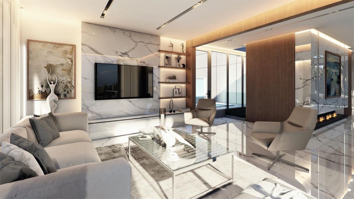 Fireplace, Interior, Living room, Marble Walls, Recessed Lighting