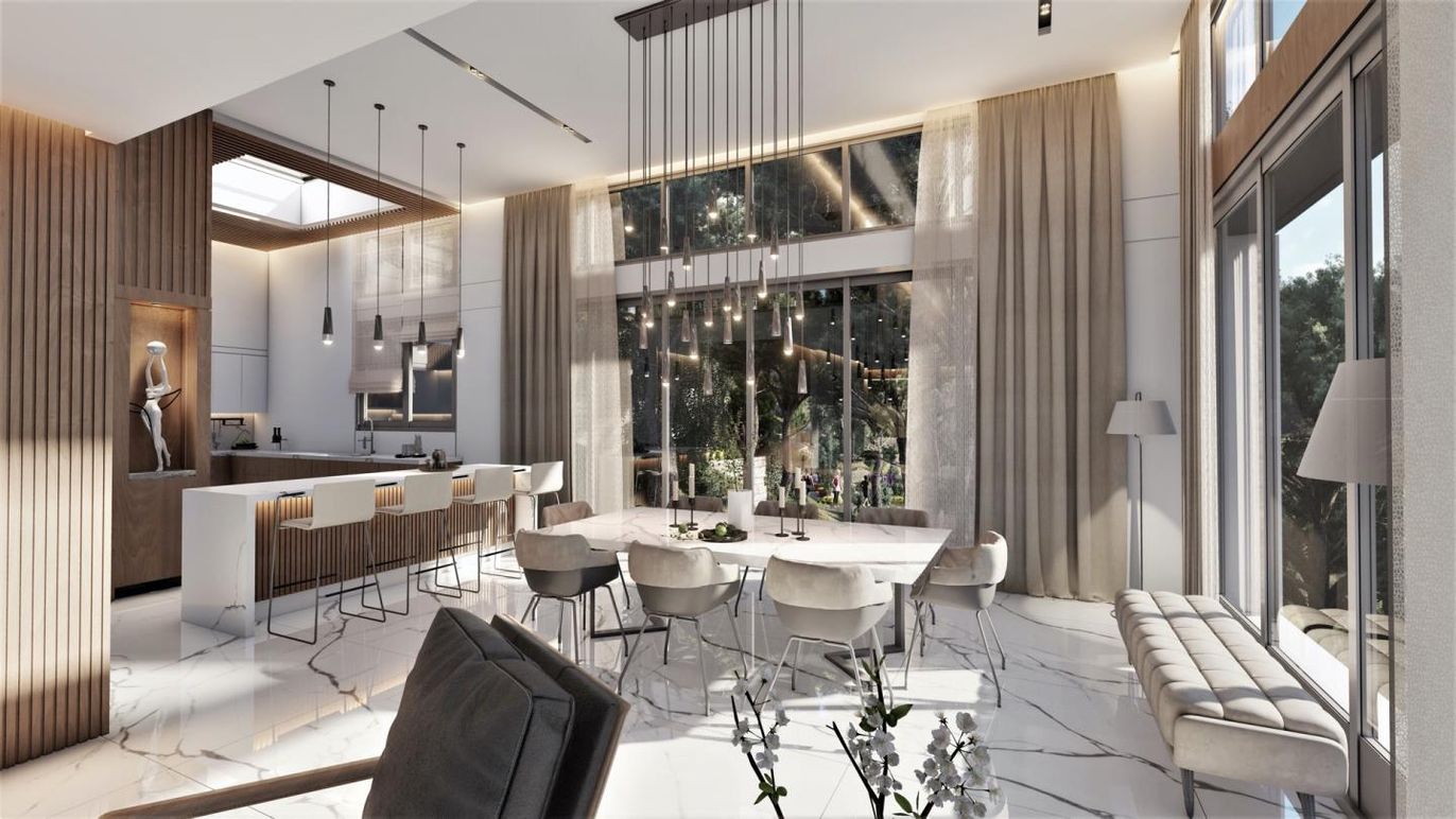 Dining room, Interior, Kitchen, Marble, Pendant Lights