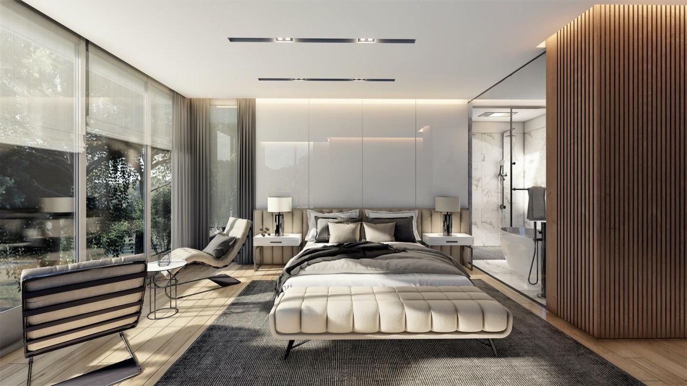 Bedroom, Interior, Recessed Lighting, Wood Texture Flooring