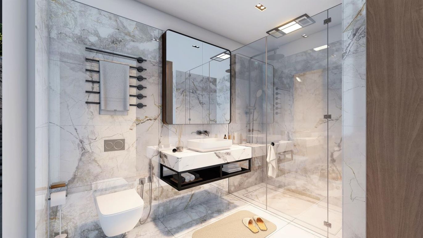 Bathroom, Glass Shower, Interior, Marble Walls, Recessed Lighting