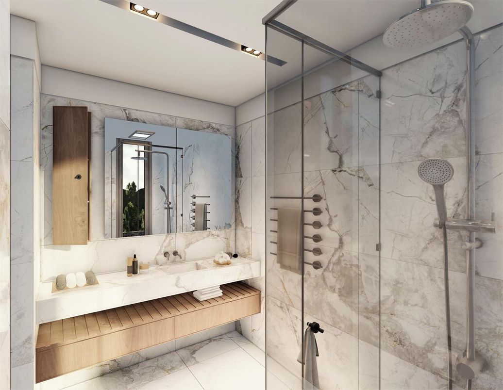 Bathroom, Glass Shower, Interior, Marble, Marble Walls
