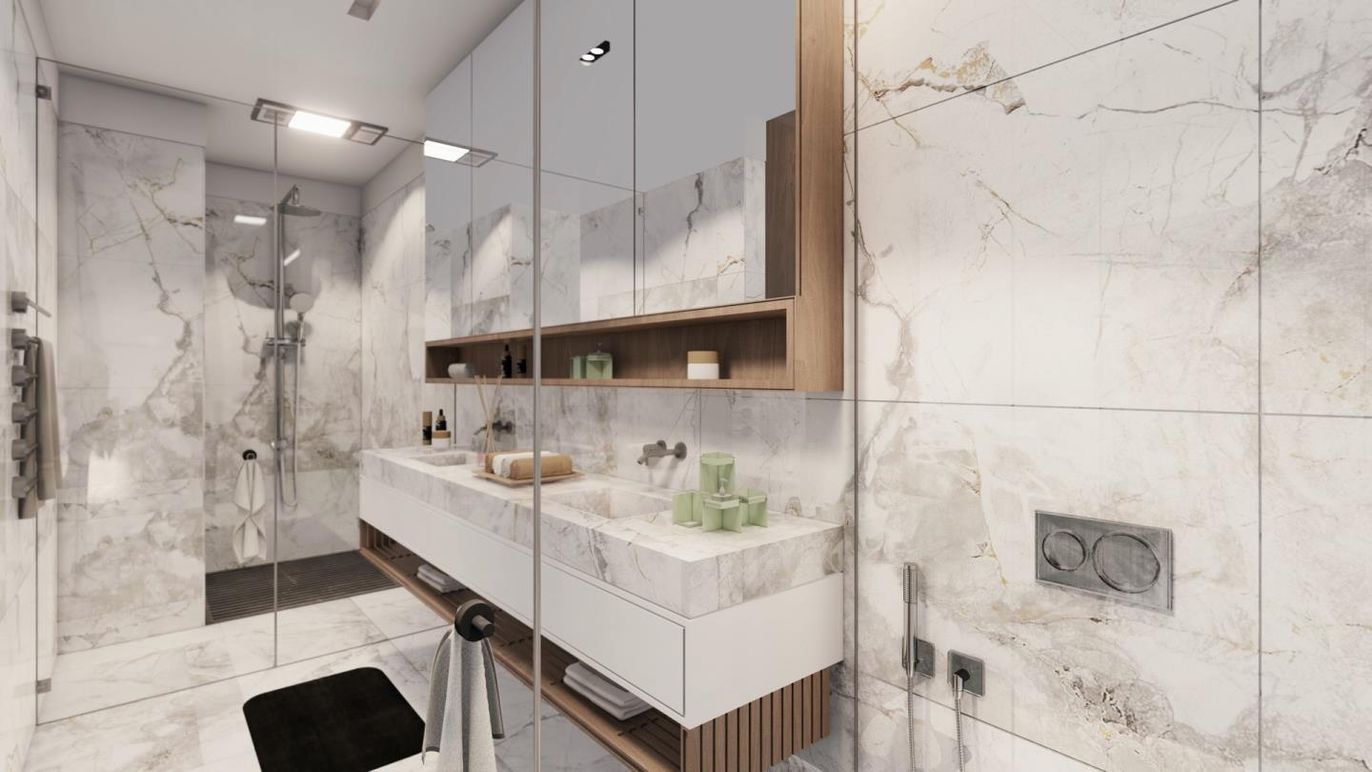 Bathroom, Glass Shower, Interior, Marble, Marble Walls