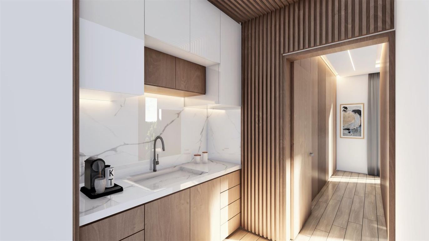 Interior, Kitchen, Marble Walls, Wood Texture Flooring