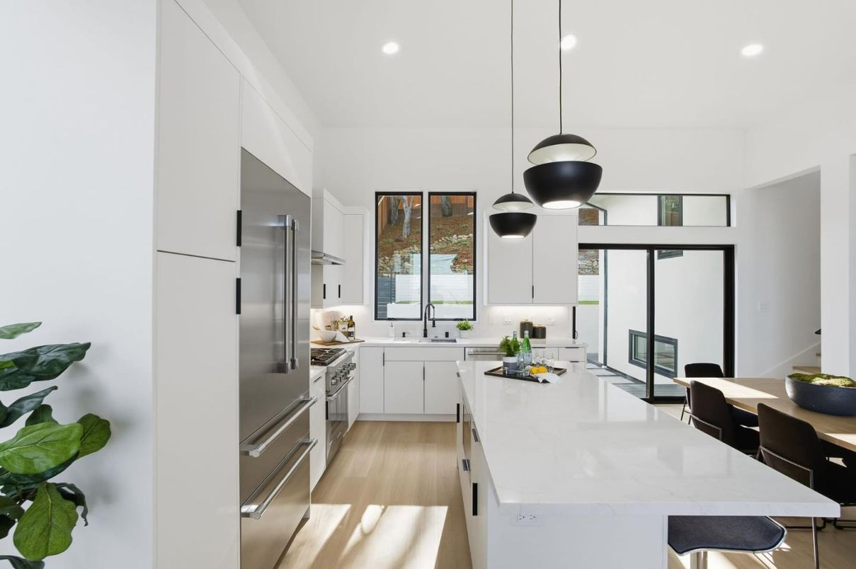 Interior, Kitchen, Pendant Lights, Recessed Lighting, Stainless Steel Appliances, Wood Texture Flooring