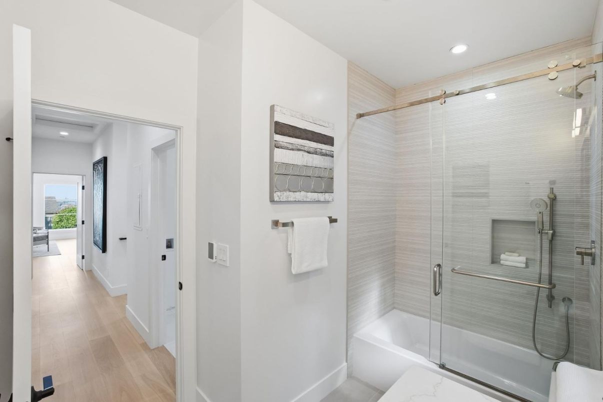Bathroom, Glass Shower, Interior, Recessed Lighting, Wood Texture Flooring