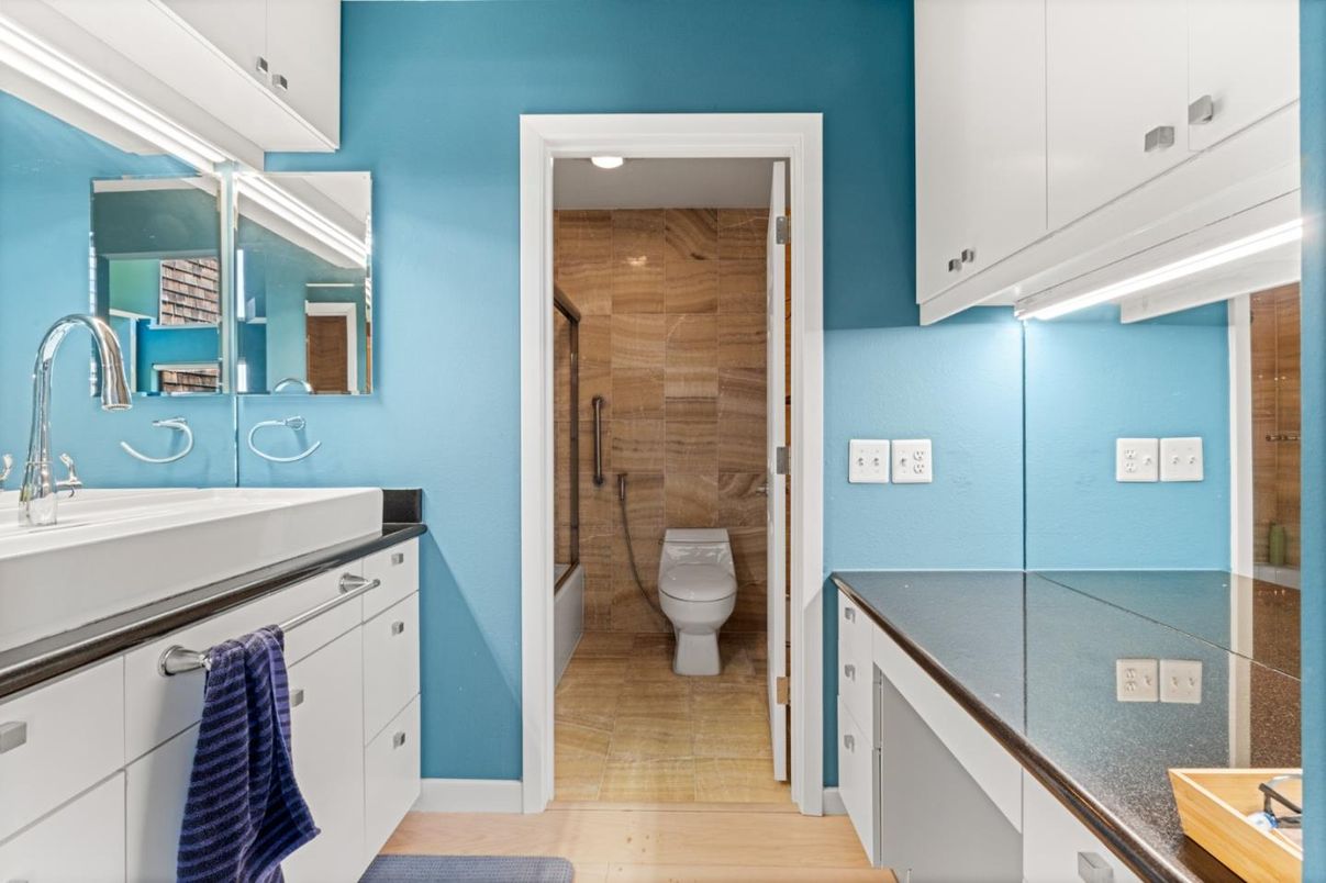 Bathroom, Glass Shower, Interior, Wood Texture Flooring