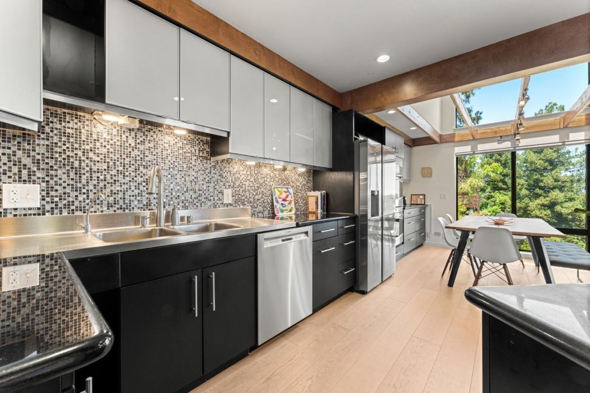 Dining room, Interior, Kitchen, Recessed Lighting, Stainless Steel Appliances, Wood Texture Flooring