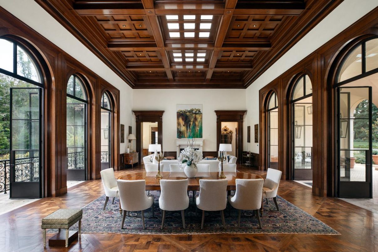 Dining room, Interior, Recessed Lighting, Wooden Beams, Wooden Ceilings, Wood Texture Flooring