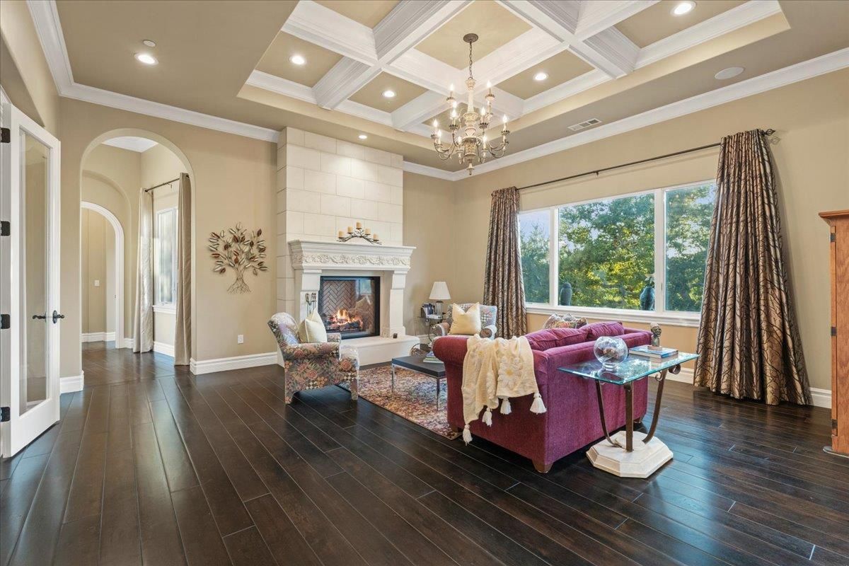 Chandelier, Fireplace, Interior, Living room, Recessed Lighting, Wood Texture Flooring