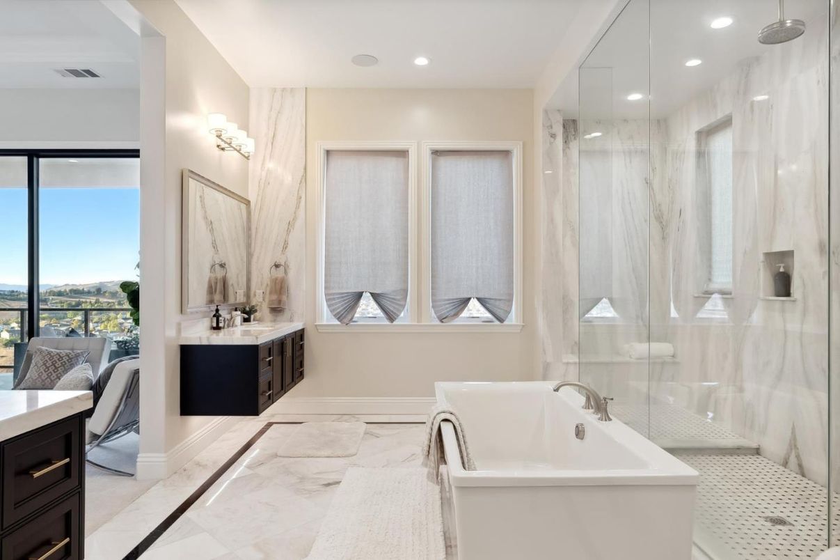 Bathroom, Glass Shower, Interior, Marble, Recessed Lighting
