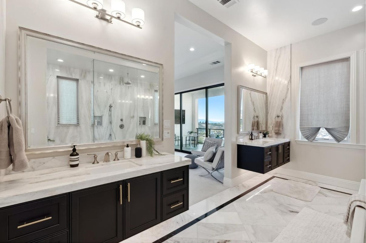 Bathroom, Dual Sink Vanities, Glass Shower, Interior, Marble, Marble Walls, Recessed Lighting