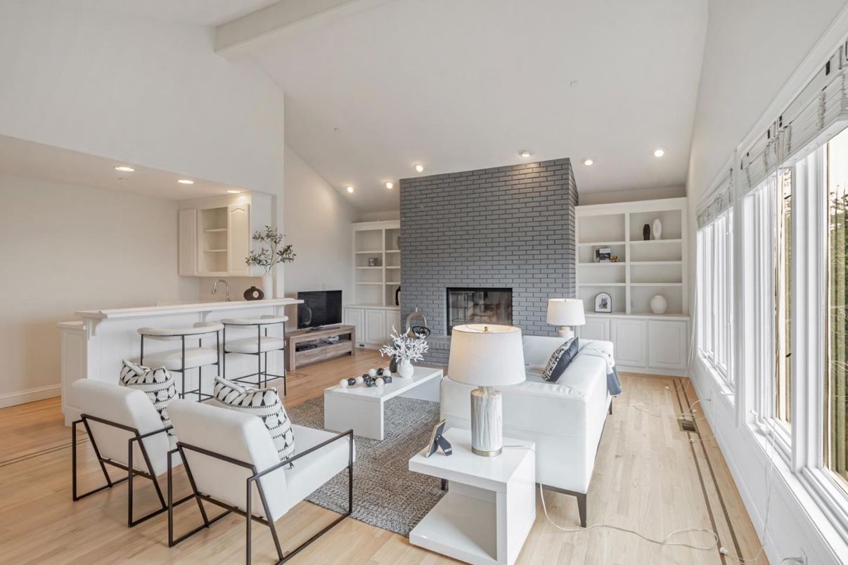 Fireplace, Interior, Living room, Recessed Lighting, Wood Texture Flooring