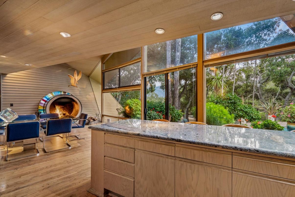 Dining room, Fireplace, Interior, Living room, Recessed Lighting, Stone Walls, Wooden Ceilings, Wood Texture Flooring