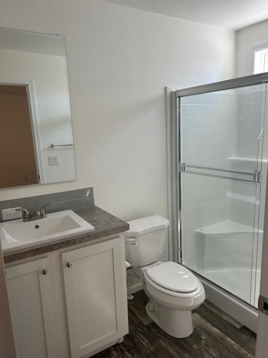 Bathroom, Glass Shower, Interior, Wood Texture Flooring