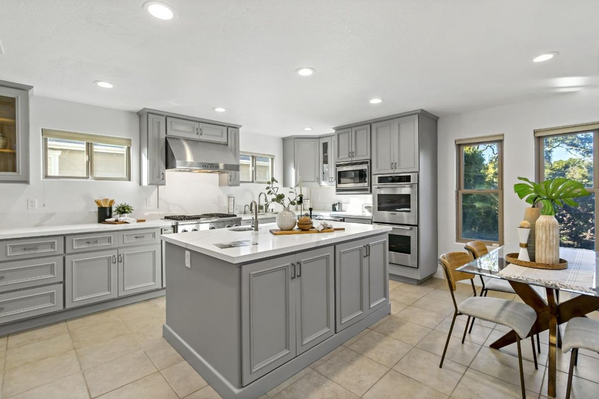 Fireplace, Interior, Kitchen, Recessed Lighting, Stainless Steel Appliances