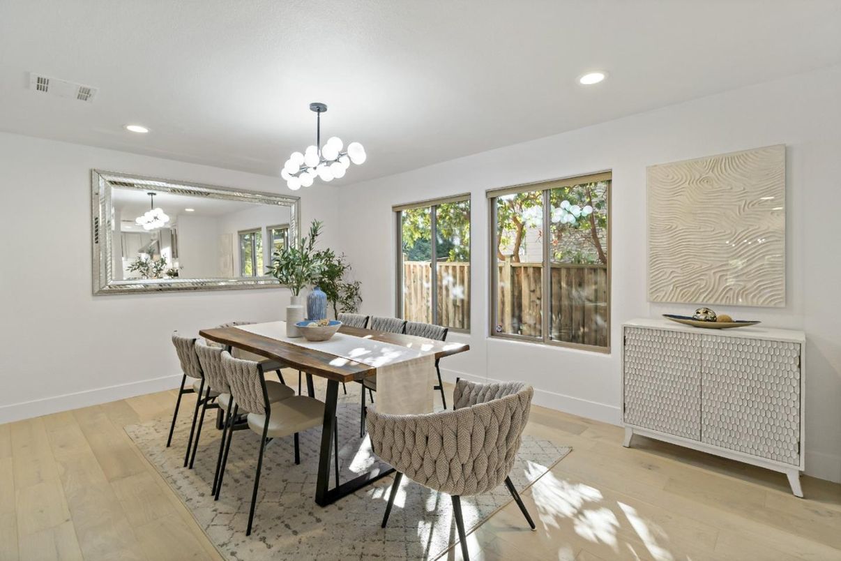 Dining room, Interior, Recessed Lighting, Wood Texture Flooring