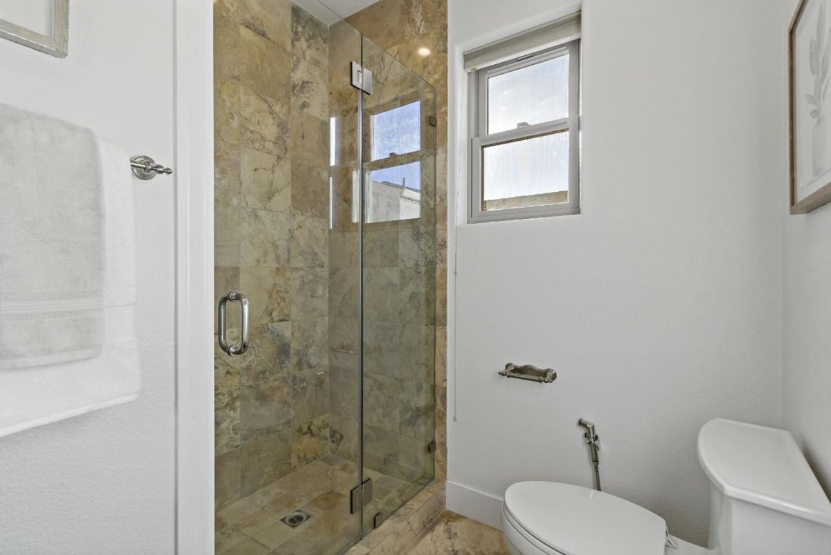 Bathroom, Glass Shower, Interior, Recessed Lighting, Wood Texture Flooring