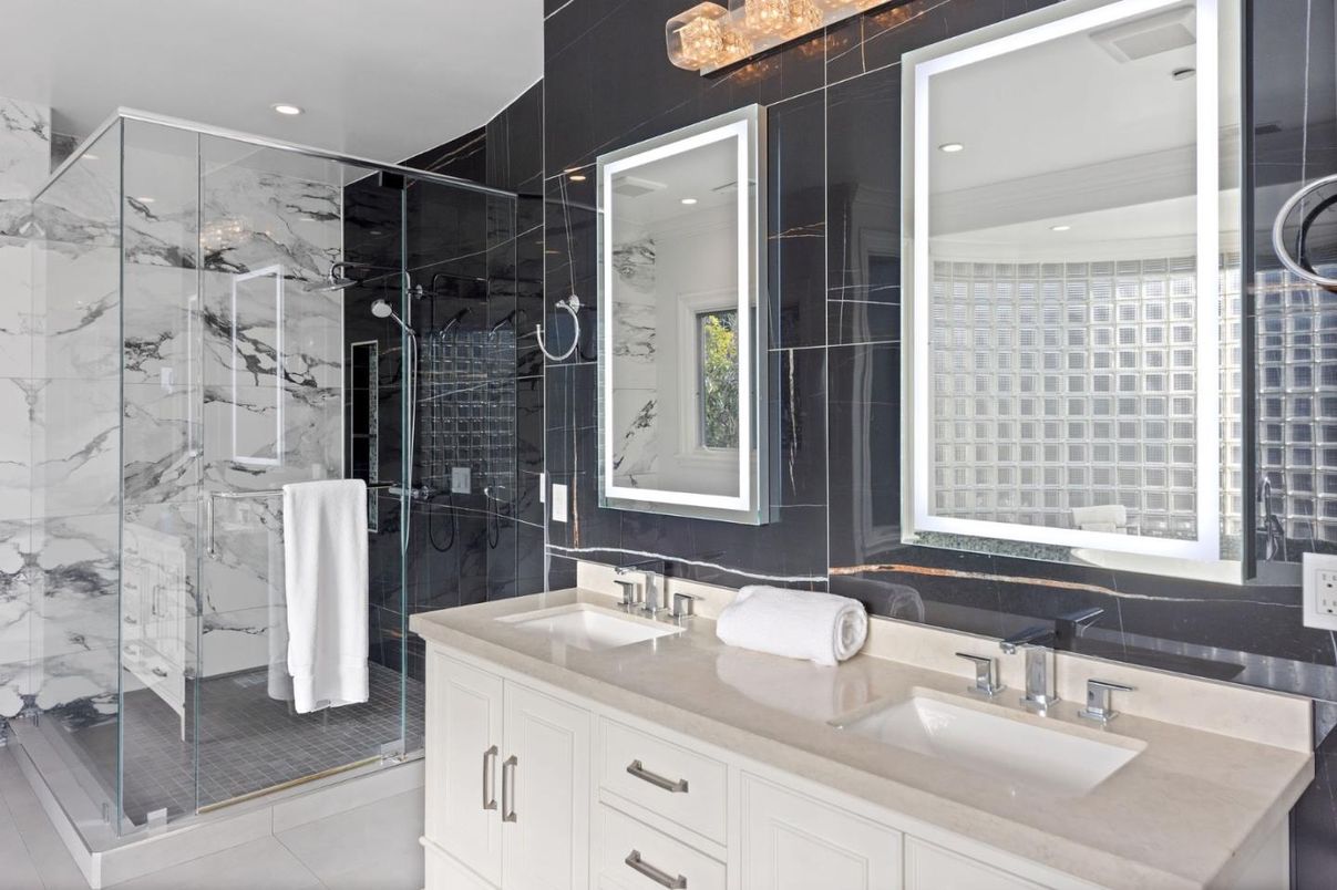 Bathroom, Dual Sink Vanities, Glass Shower, Interior, Marble Walls, Recessed Lighting