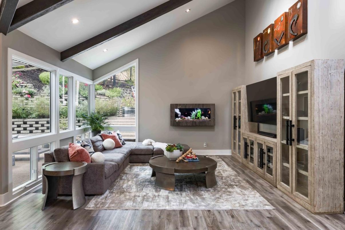 Interior, Living room, Recessed Lighting, Wooden Beams, Wood Texture Flooring