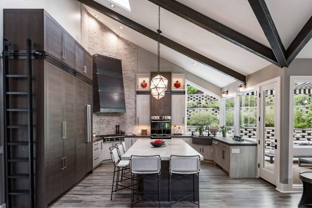 Interior, Kitchen, Pendant Lights, Recessed Lighting, Stainless Steel Appliances, Stone Walls, Wooden Beams, Wood Texture Flooring