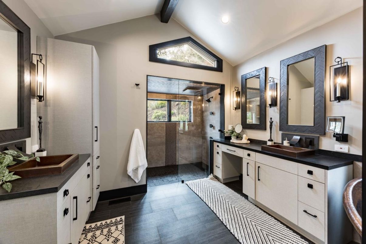 Bathroom, Dual Sink Vanities, Glass Shower, Interior, Recessed Lighting, Wooden Beams