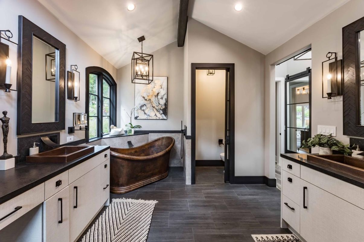Bathroom, Dual Sink Vanities, Interior, Pendant Lights, Recessed Lighting, Wood Texture Flooring