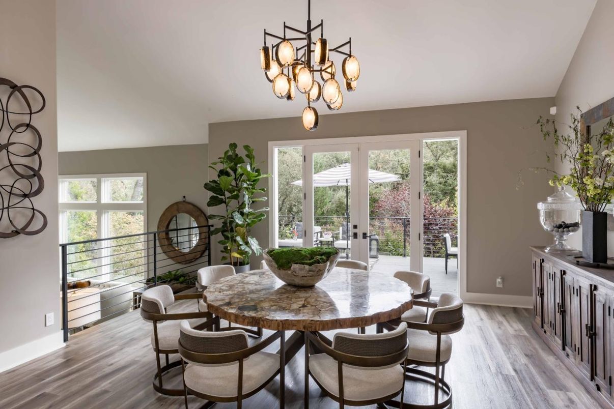 Chandelier, Dining room, Interior, Wood Texture Flooring