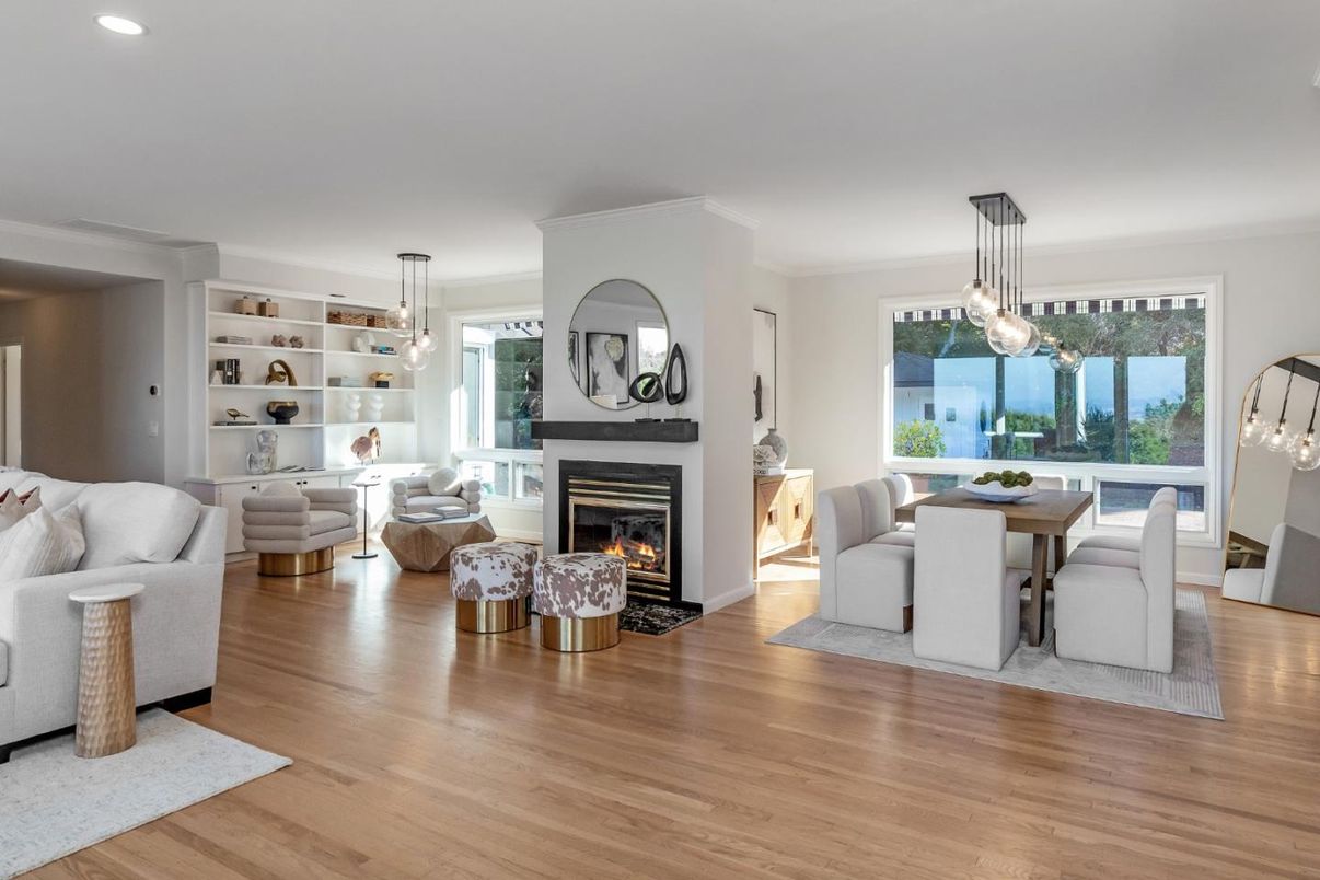 Dining room, Fireplace, Interior, Living room, Pendant Lights, Recessed Lighting, Wood Texture Flooring