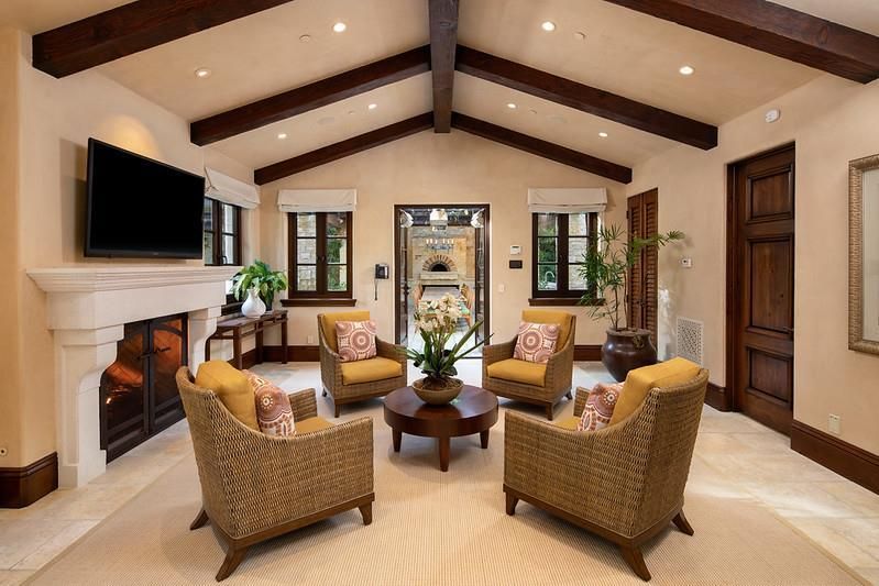 Fireplace, Interior, Living room, Recessed Lighting, Wooden Beams