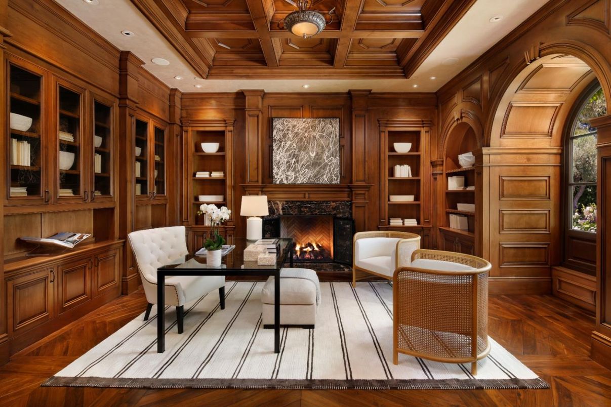 Fireplace, Home Office, Interior, Recessed Lighting, Wooden Beams, Wooden Ceilings, Wood Texture Flooring, Wooden Walls