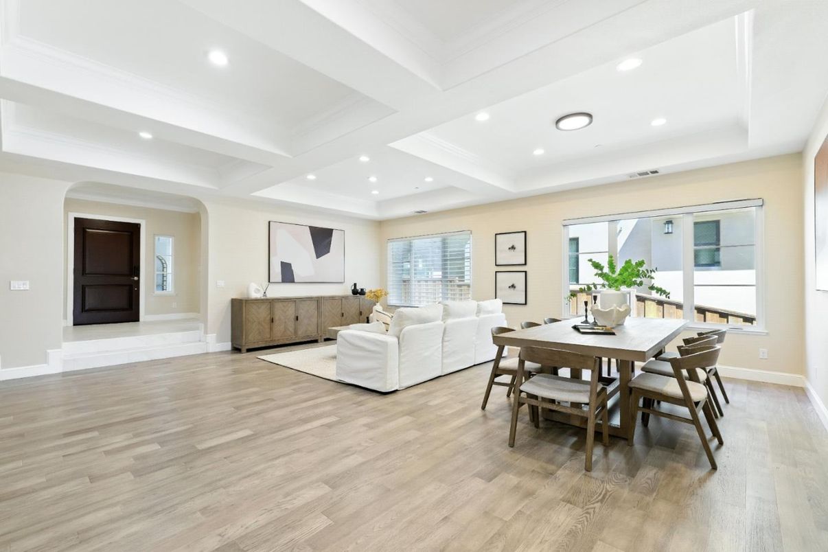 Dining room, Interior, Living room, Recessed Lighting, Wood Texture Flooring