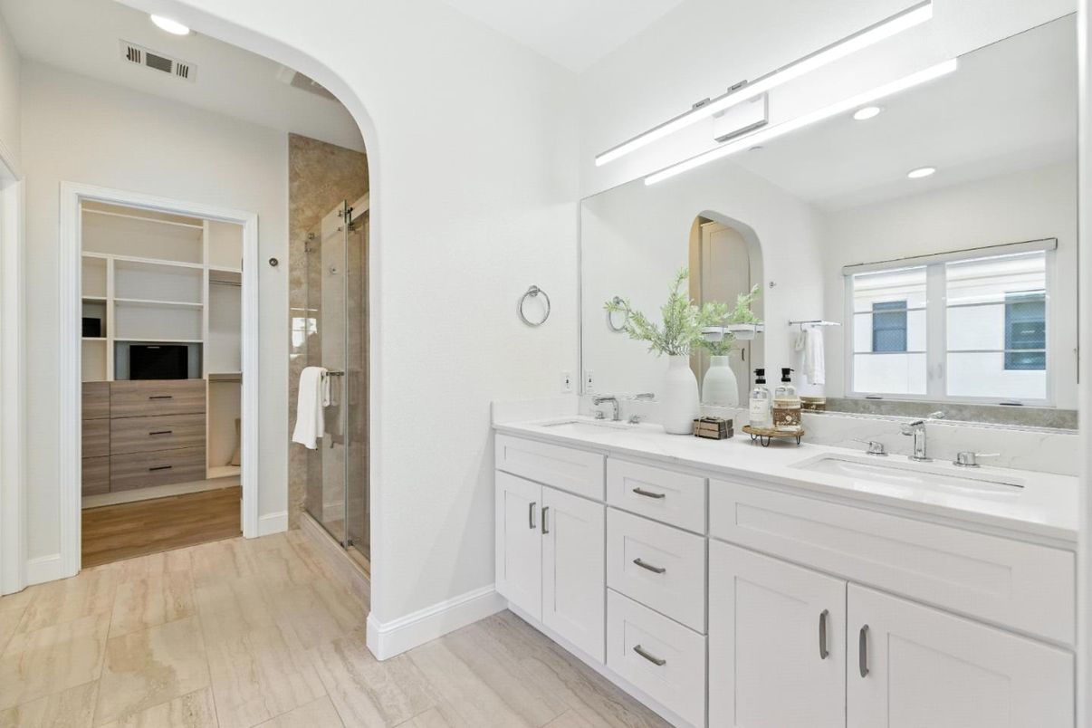 Bathroom, Dual Sink Vanities, Glass Shower, Interior, Recessed Lighting, Walk-in Closets, Wood Texture Flooring