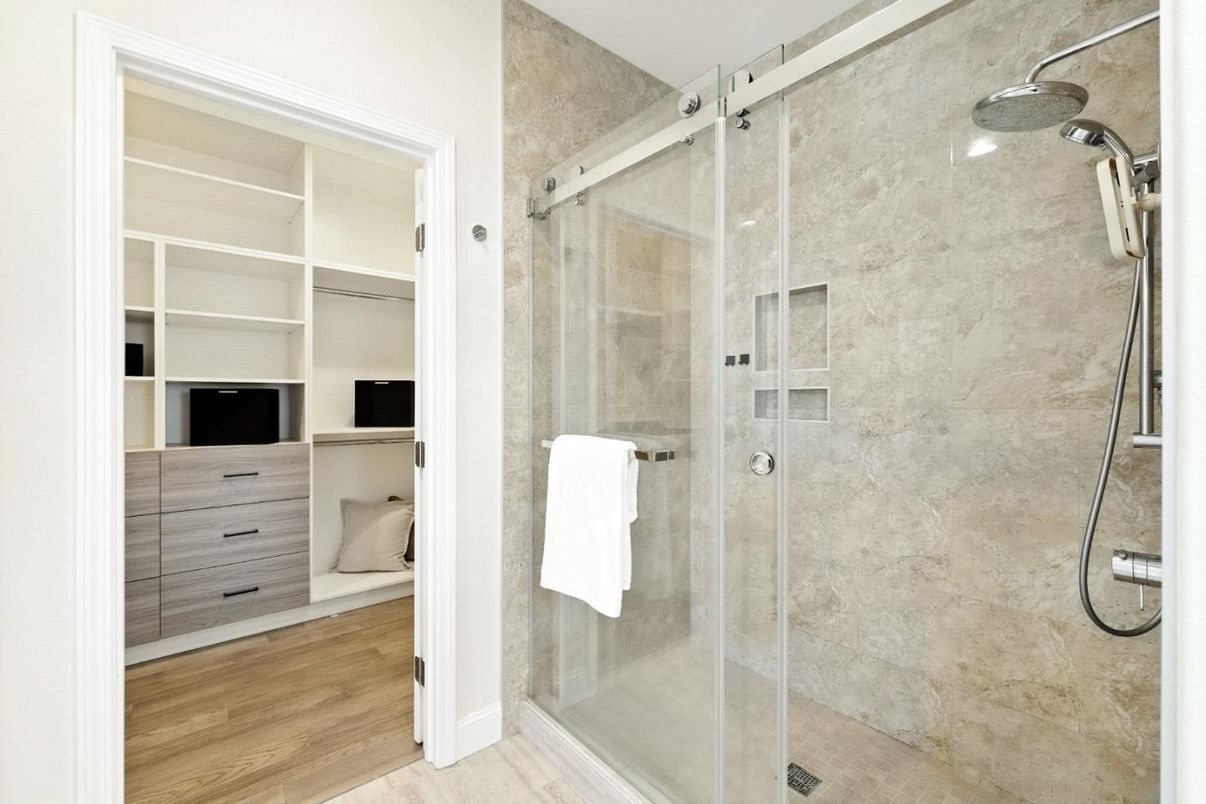 Bathroom, Glass Shower, Interior, Wood Texture Flooring