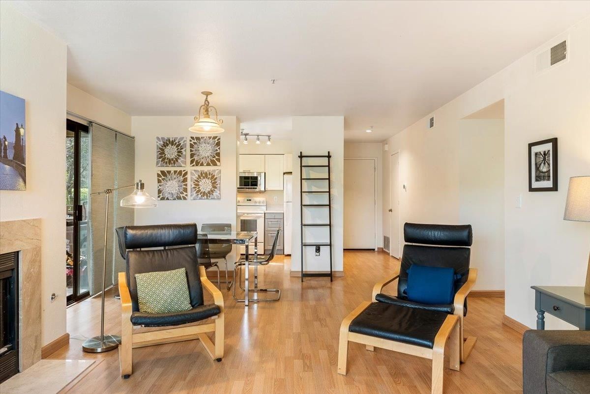Dining room, Fireplace, Interior, Kitchen, Pendant Lights, Recessed Lighting, Wood Texture Flooring