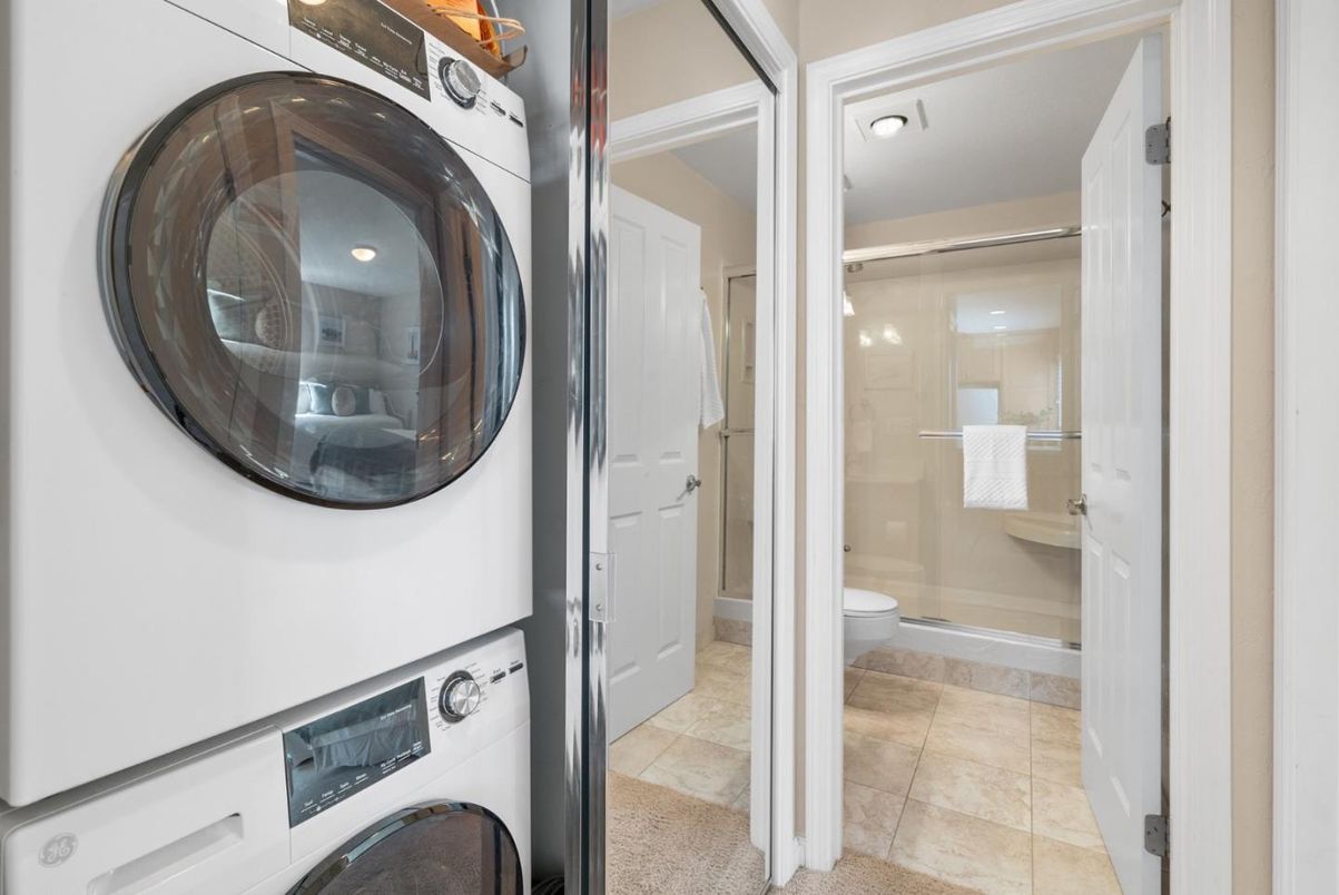 Bathroom, Glass Shower, Interior, Recessed Lighting, Utility Closets, Washer