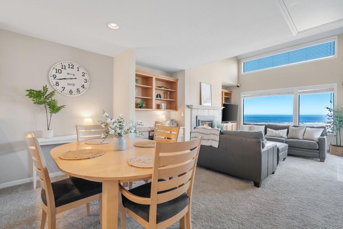 Dining room, Fireplace, Interior, Living room, Recessed Lighting, Water