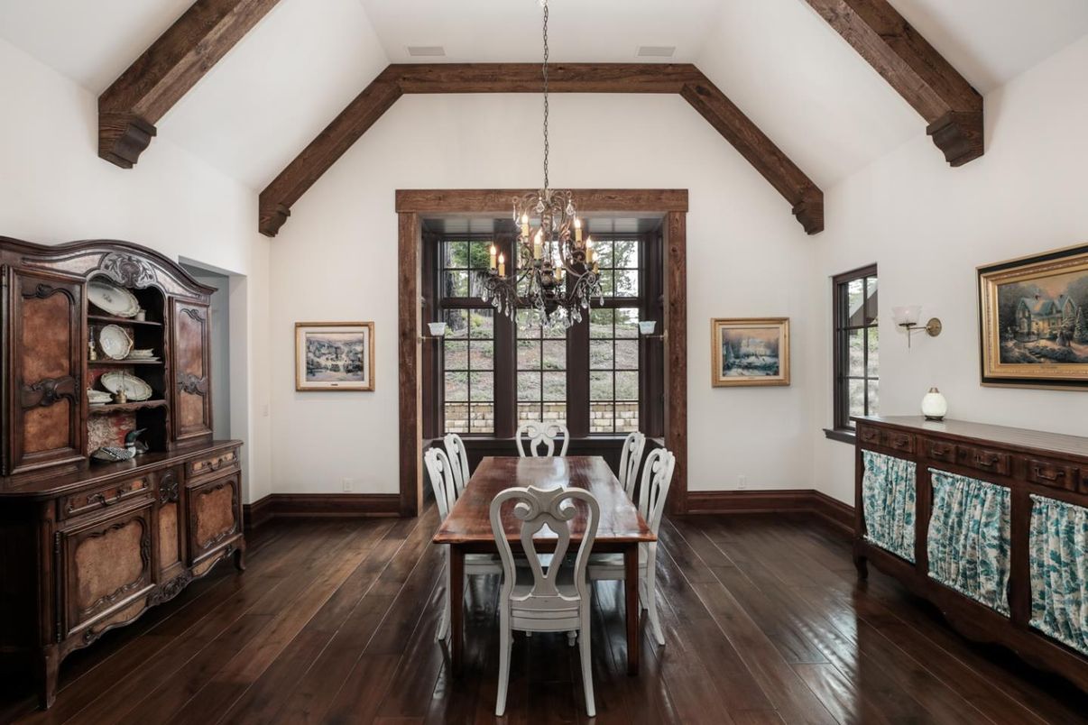 Chandelier, Dining room, Interior, Wooden Beams, Wood Texture Flooring
