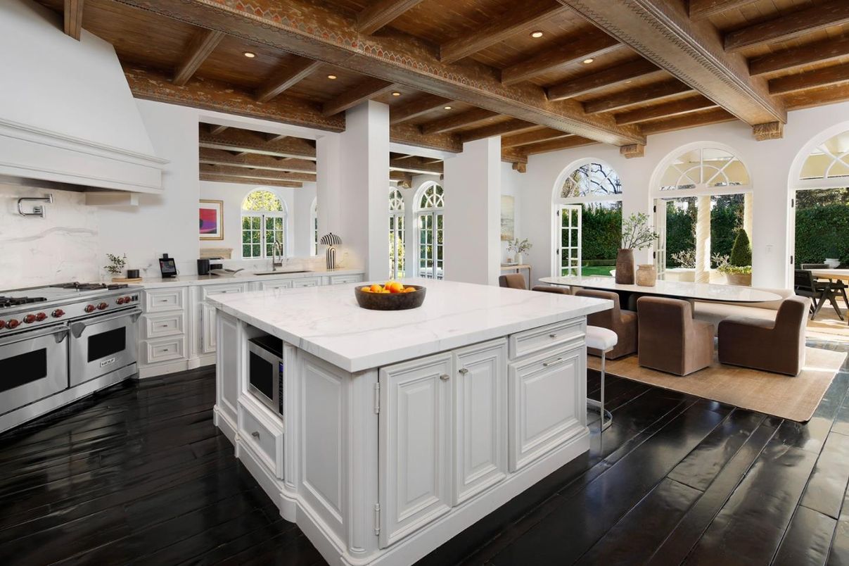 Interior, Kitchen, Recessed Lighting, Stainless Steel Appliances, Wooden Beams, Wooden Ceilings, Wood Texture Flooring