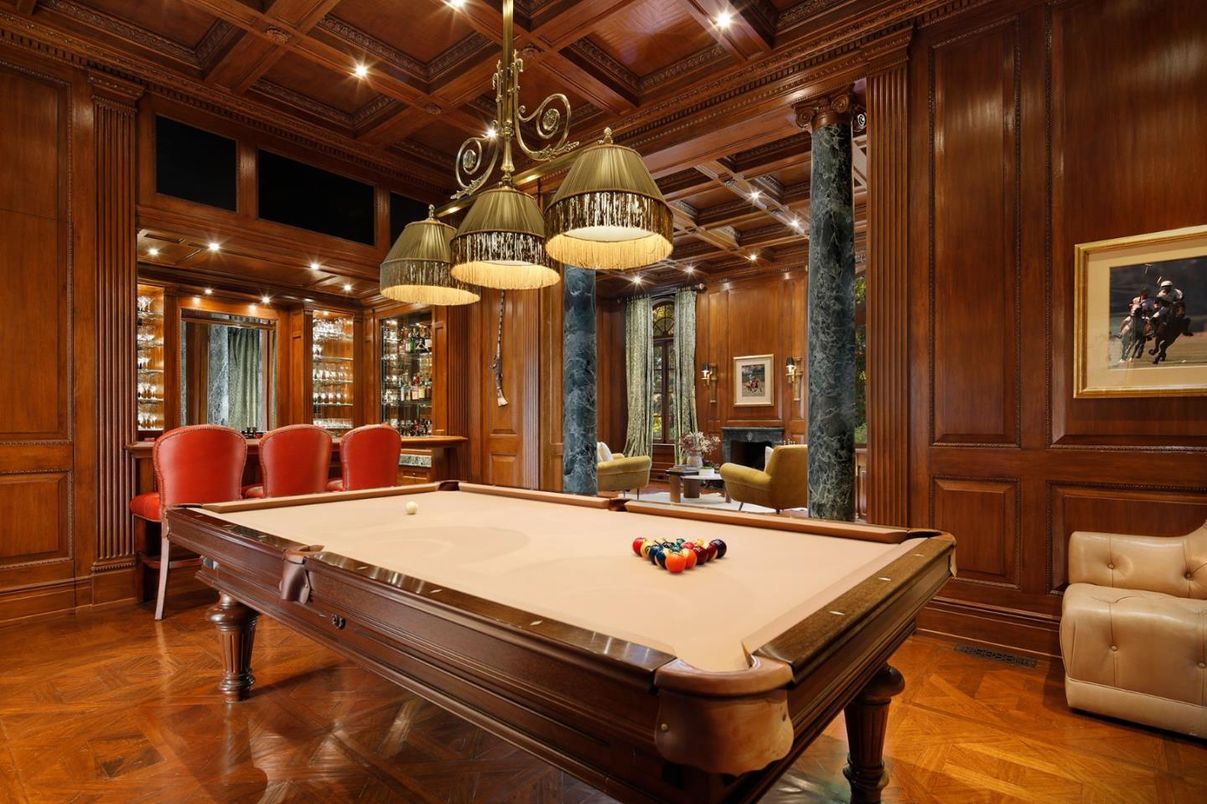 Billiard Table, Game Room, Interior, Pendant Lights, Recessed Lighting, Wooden Beams, Wooden Ceilings, Wood Texture Flooring, Wooden Walls