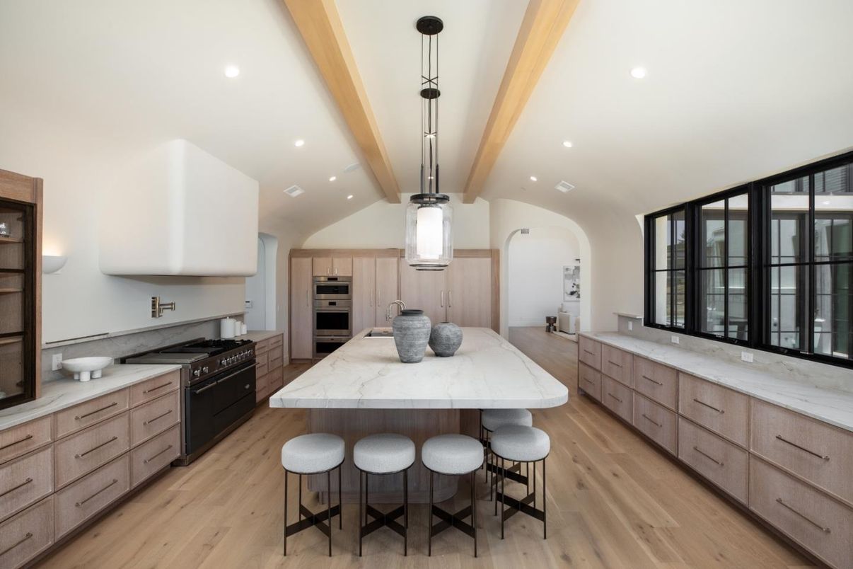 Interior, Kitchen, Pendant Lights, Recessed Lighting, Stainless Steel Appliances, Wooden Beams, Wood Texture Flooring