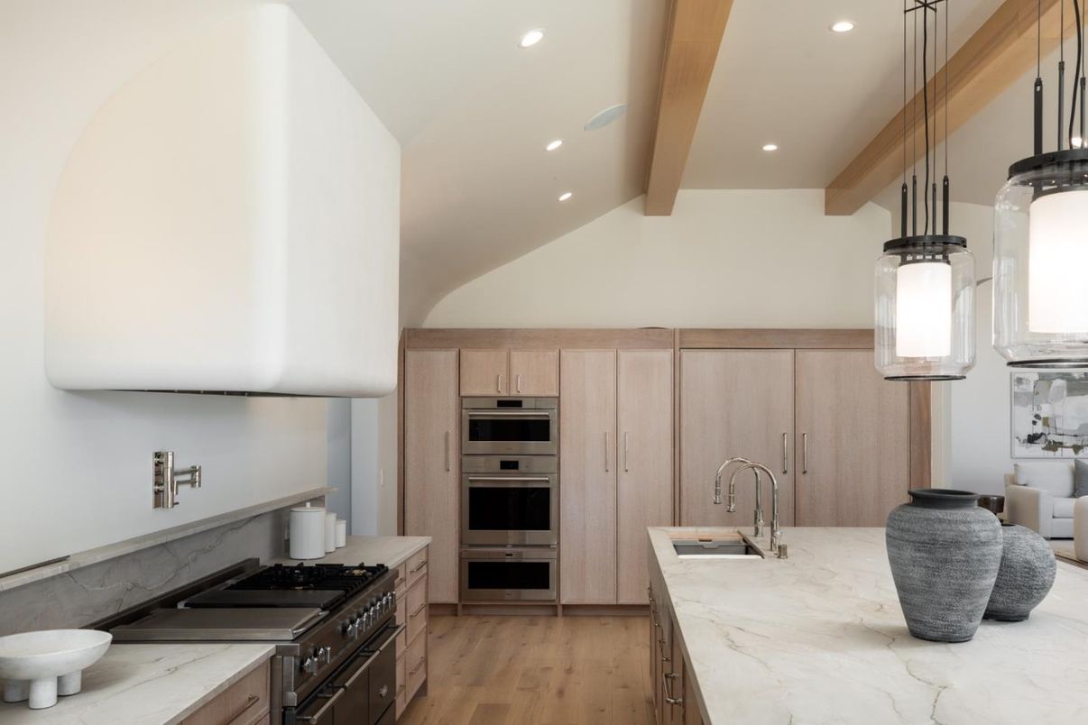 Interior, Kitchen, Pendant Lights, Recessed Lighting, Stainless Steel Appliances, Wooden Beams, Wood Texture Flooring